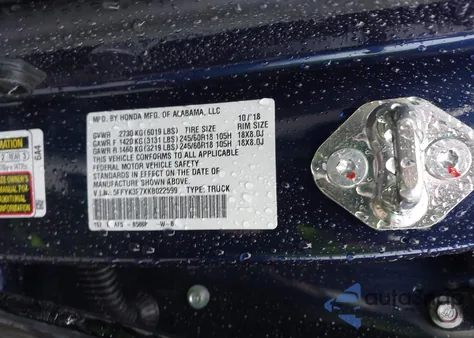 2019 Honda Ridgeline Rtl-E from USA, damaged, VIN 5FPYK3F7XKB022599